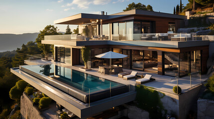 Fototapeta premium a photography modern villa with terrace taken with a drone