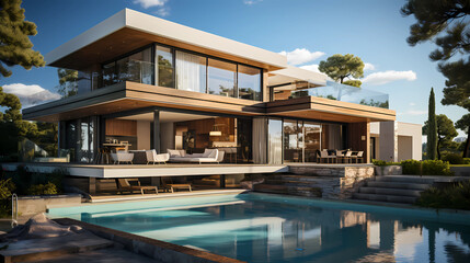 Obraz premium a photography modern villa with terrace taken with a drone