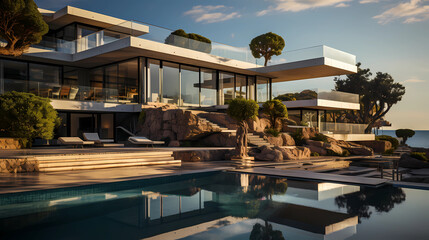 Fototapeta premium a photography modern villa with terrace taken with a drone