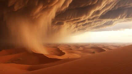 a massive sandstorm engulfing a desert landscape, with swirling clouds of sand and the eerie beauty of this natural event