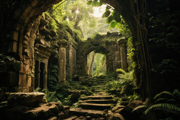 Ancient ruins amidst lush foliage - Powered by Adobe