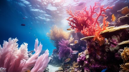 a serene and colorful coral bleaching event on a tropical reef, with corals displaying vibrant colors as they undergo this natural process