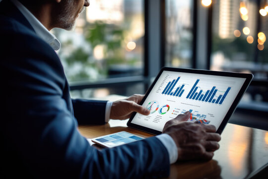 Businessman using tablet analyze sales data and economic growth graph chart