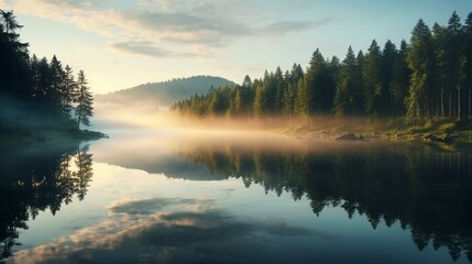 a serene and mist-shrouded forest lake at dawn, with mirrored reflections of trees and a sense of natural tranquility and beauty