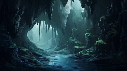 a serene and otherworldly underground cave system, with stalactites, stalagmites, and the tranquil beauty of this hidden world