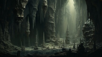 a serene and otherworldly underground cave system, with stalactites, stalagmites