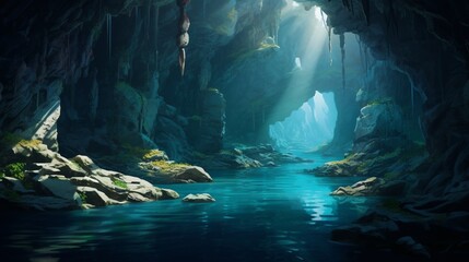 a serene and untouched underwater cave, with a crystal-clear pool and intricate rock formations