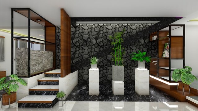 Interior of stairs and downstairs room with Indoor Plants. 3d Rendering