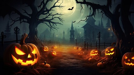 Fototapeta premium Pumpkins in a graveyard on a spooky night - Halloween background