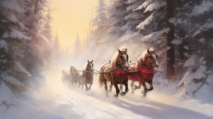 a winter sleigh ride through a snowy forest, with horses, jingling bells - obrazy, fototapety, plakaty