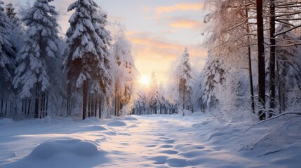 a winter wonderland, with snow-covered trees glistening in the soft sunlight