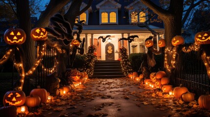 Pumpkins in a graveyard on a spooky night - Halloween background