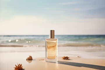 a bottle of perfume stands on the sand against the backdrop of the sea