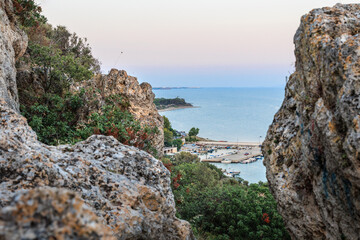 Panoramic view to Makri port from the Cyclops Cave near to Alexandroupolis Evros Greece, hiking path