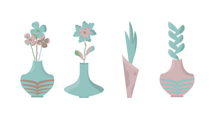 Set of four vases with flowers in blue and pink colors