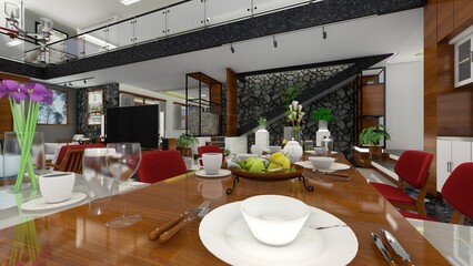 Dining table and chairs. Terrace view. Table setting for lunch or dinner. 3D render