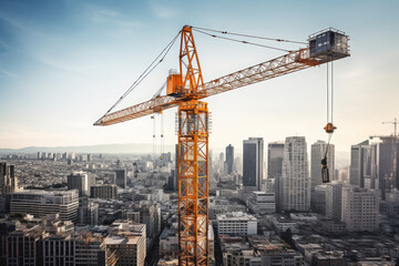 Fototapeta na wymiar Construction crane against the backdrop of urban skyscrapers