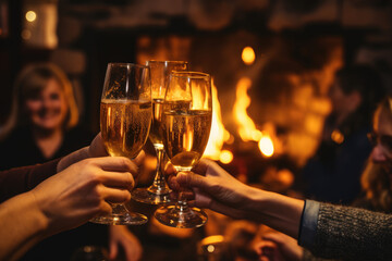 Friends raising their glasses in a toast to welcome the New Year