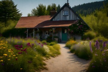 The inviting entrance of a farmhouse, with a gravel driveway and a front yard filled with wildflowers