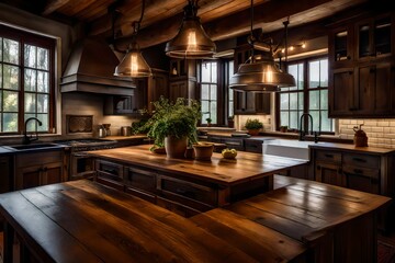 The warmth of a farmhouse kitchen, with a farmhouse sink and a large, wooden dining table