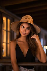 Beautiful girl in a hat on the beach in the evening. Generative AI