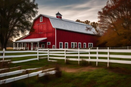 The classic charm of a farmhouse's exterior, with a red barn and white siding