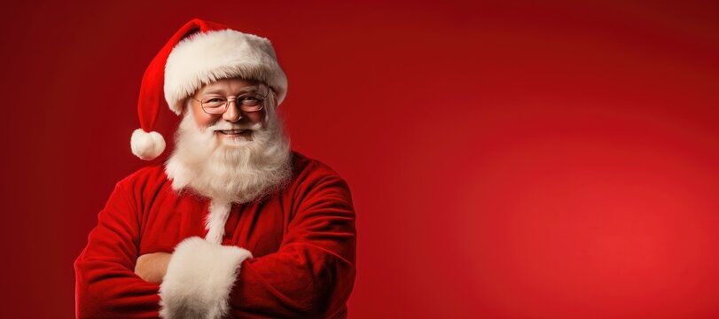 portrait of happy and cheerful santa claus on red studio background. banner. free place