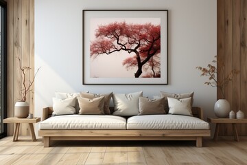Modern minimalist living room design. Visualization of the interior in light beige colors.