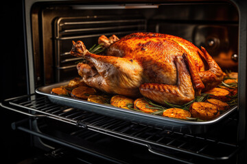 Thanksgiving holiday turkey dinner cooking in an oven