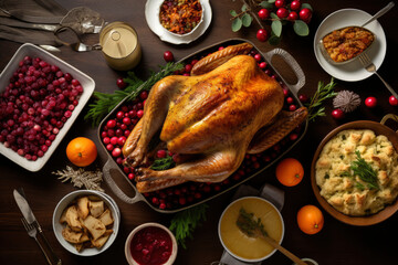 Thanksgiving holiday turkey dinner on a table overhead