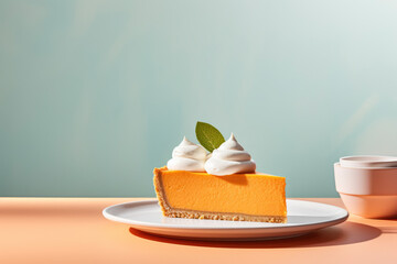 Pumpkin pie slice with whipped cream on a blue background