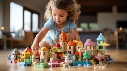 Child is playing with building blocks and construction sets. Generative AI