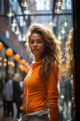 Fototapeta premium A portrait of a beautiful young fitness influencer girl wearing gym clothing