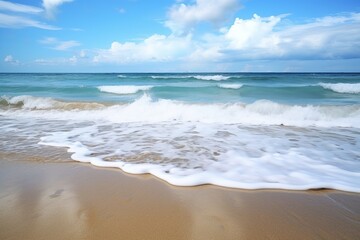 Fototapeta na wymiar rhythm of waves crashing different angles, and distances on a beach