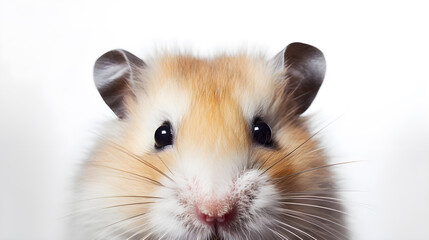 Hamster face macro close-up, isolated on white, copy space