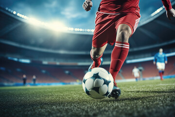 Fototapeta premium Football player kicking ball in soccer stadium