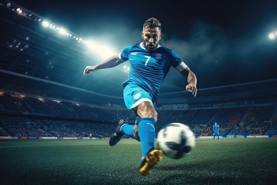 Football player kicking ball in soccer stadium