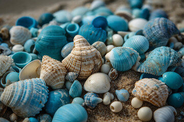 Blue seashells and pebbles on the beach background
