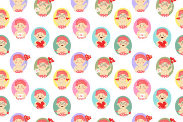 Fototapeta premium Seamless pattern with cartoon characters of happy funny little boy. Romantic little kids with hearts, arrows, letters and flowers 