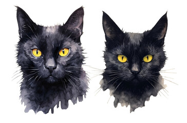 Black cat watercolor clipart illustration with isolated background