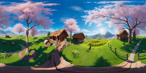HDRI, Skybox, Spring Mountain with greens, day time in the forest, created using generative AI. Stylized