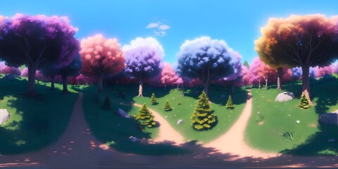 HDRI, Skybox, Spring Mountain with trees, forest, created using generative AI. Stylized