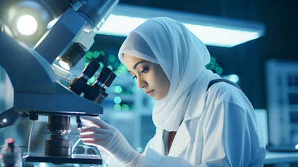 Muslim female doctor wearing a hijab, a scientist looks under a microscope and analyzes a Petri dish sample. engaged in medicine and biotechnological research in an advanced pharmaceutical laboratory