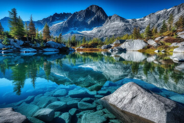 Fototapeta na wymiar Serenity mountains with its reflection in crystal clear water 