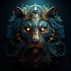 tiger in metal armor with beautiful ornaments, portrait
