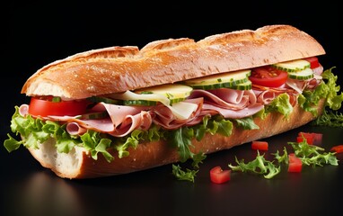Sandwich with an array of fresh vegetables, ham, and cheese slices, isolated on black background