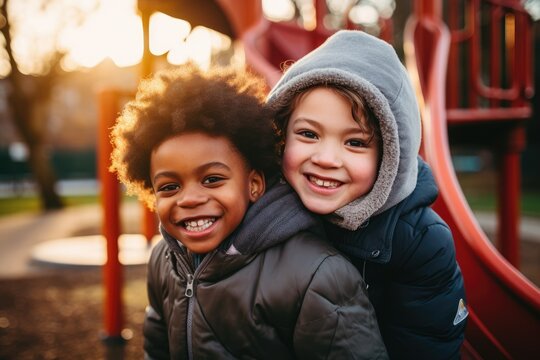 Portrait of two child embracing and laughing hard outdoors. Two cute smiling little boys belonging to different races together for fun, bonding or playing.  Best friends