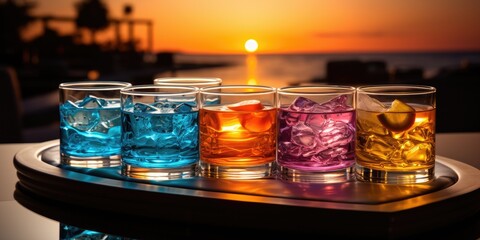 Variety of alcoholic drinks and multi colored cocktails. Generative AI