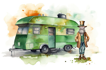 Obraz premium Illustration of a leprechaun with his green travel trailer