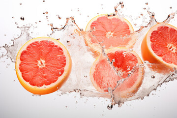 Splashing grapefruits on white background